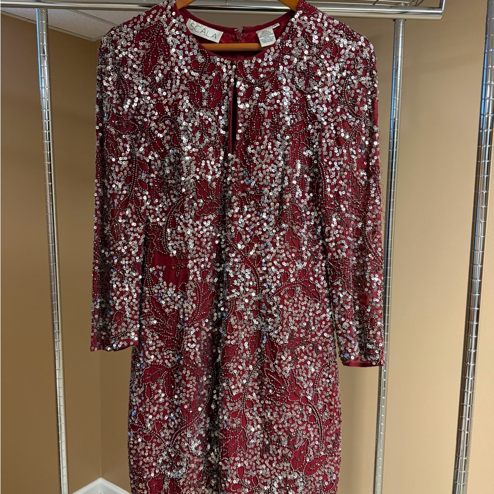 Scala Burgundy Sequin Embellished Long Sleeve Dress